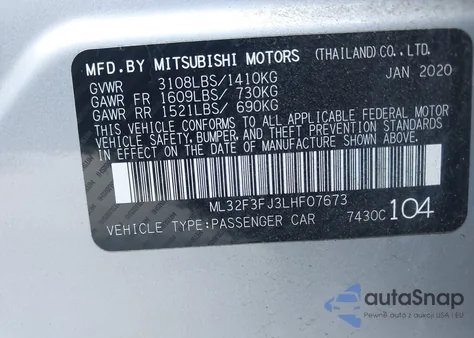 2020 Mitsubishi Mirage G4 Es z USA, uszkodzony, nr VIN ML32F3FJ3LHF07673